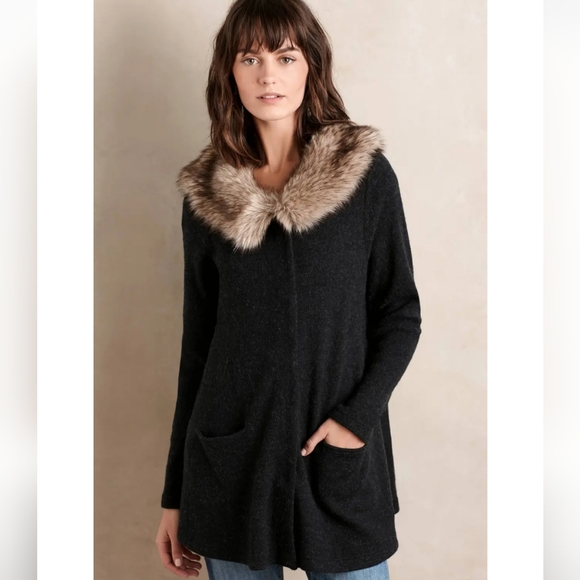 MOTH for Anthropologie heathered slate Wool sweater jacket cardigan fur collar - Picture 4 of 12